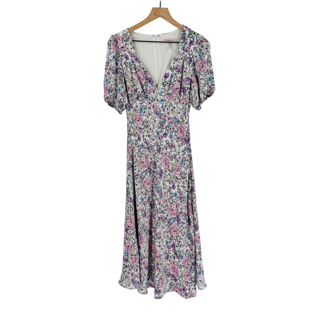 BCBGeneration Floral Midi Dress Pastel Size 6 Babydoll Puff Sleeve Romantic